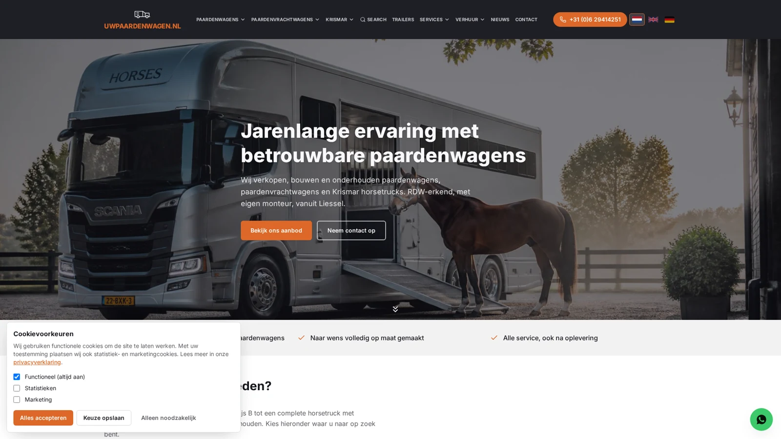 Screenshot van Uwpaardenwagen: Verkoop en verhuur van paardenwagens met een overzichtelijke boekingskalender.