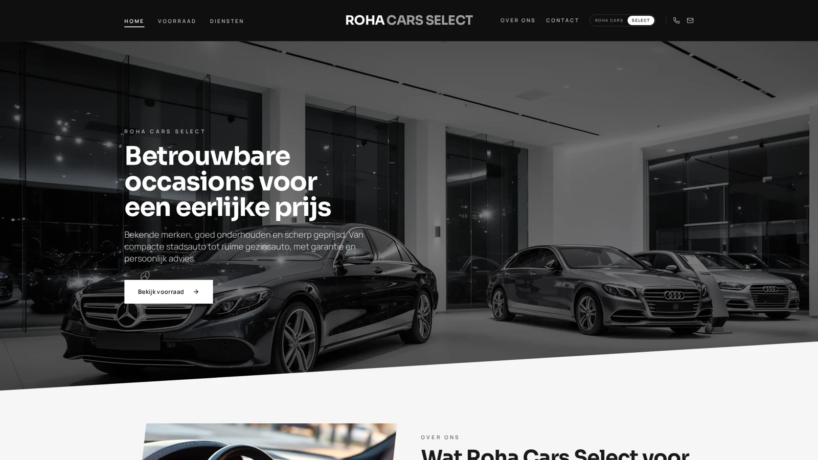 Screenshot van RoHa Cars Select: Betrouwbare occasions met live voorraad, SEO-content en printklare showroombladen.