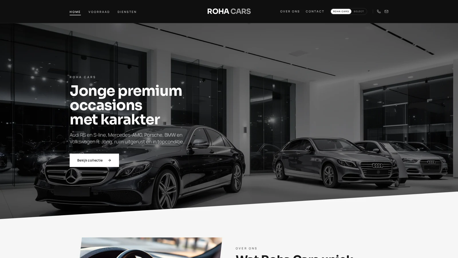 Screenshot van Roha Cars: Een premium website met MijnVWE-voorraad en automatische showroombladen.