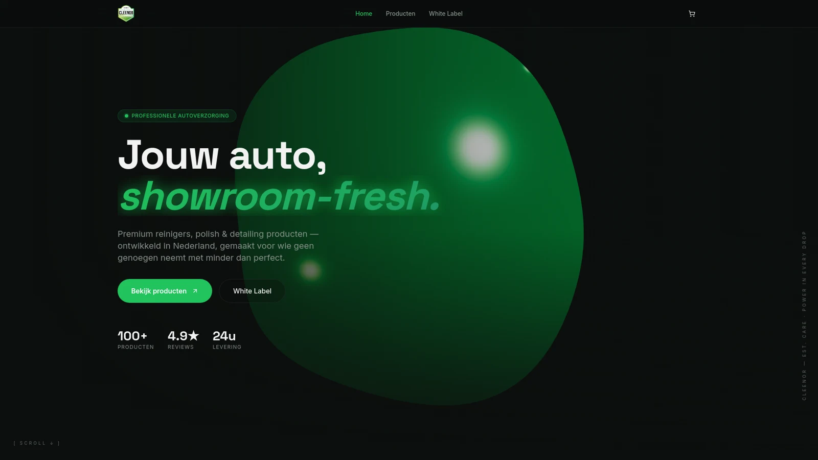 Screenshot van Cleenor: Een Shopify webshop voor premium car care en een white-label portal voor partners.